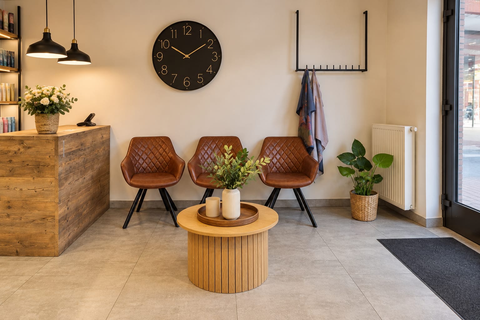 Onthaal met bruine lederen stoelen, een grote klok en de glazen toegangsdeur